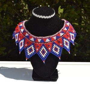 Handmade beaded drop necklace - Festival red blue